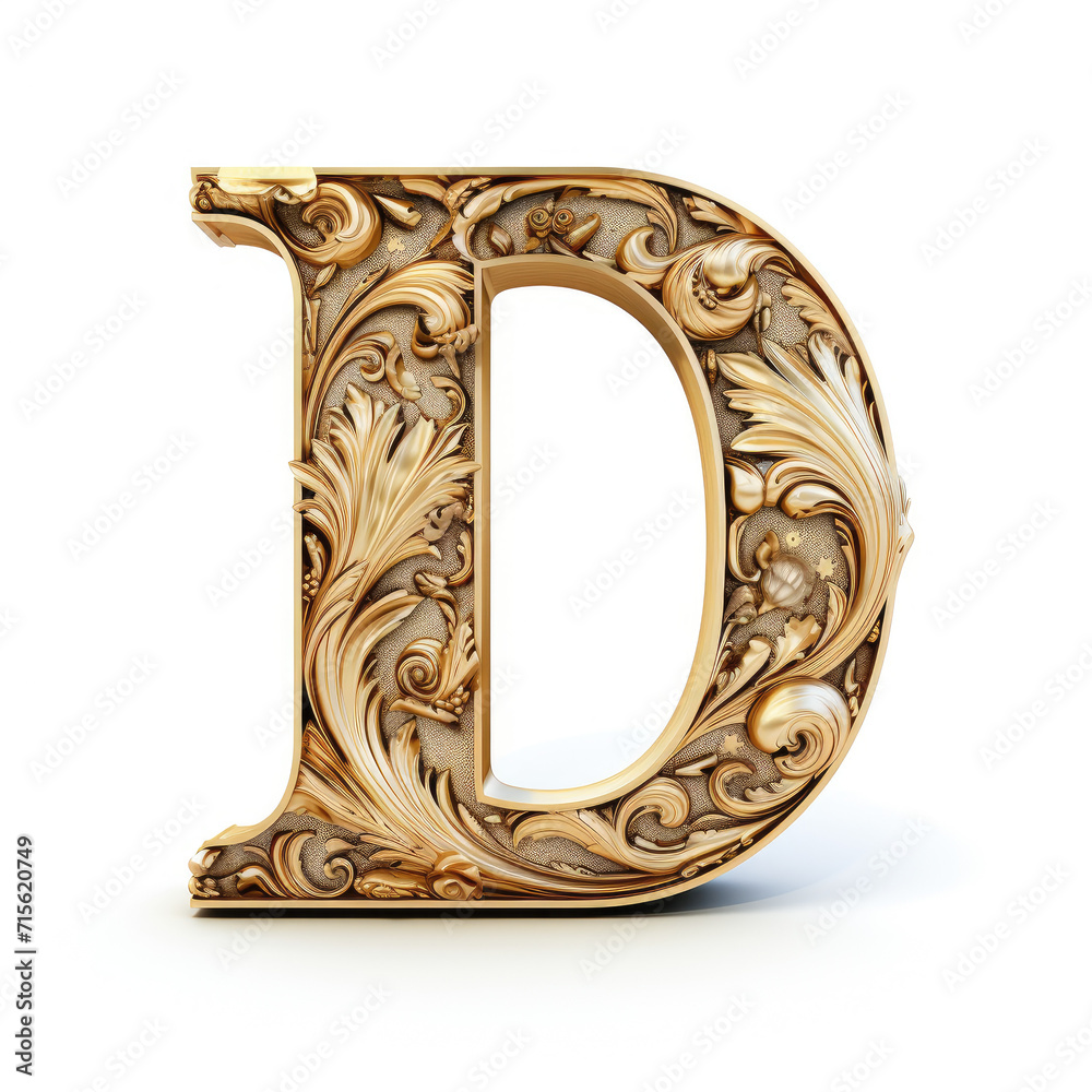 Gold ornament textured letter D on clear white background Gold ornament textured letter D on clear white background