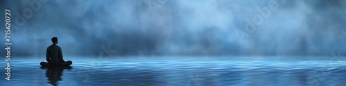 A panoramic photorealistic serene backdrop  illustration of a person meditating, featuring a soft focus in a banner poster format. Generative AI