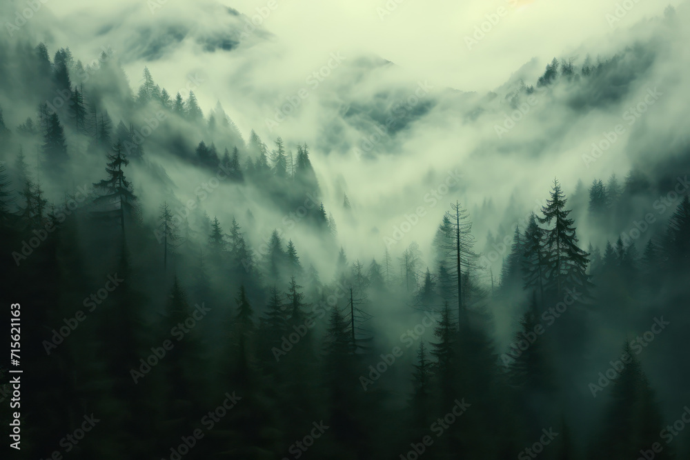 A forest of pine trees is covered in fog.