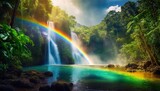 Spectacular Harmony: A Colorful Rainbow Arches Over a Majestic Waterfall in a Tropical Jungle, Creating a Breathtaking Display of Vibrant Hues and Exotic Beauty. AI Generated