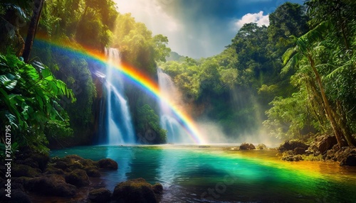 Spectacular Harmony  A Colorful Rainbow Arches Over a Majestic Waterfall in a Tropical Jungle  Creating a Breathtaking Display of Vibrant Hues and Exotic Beauty. AI Generated
