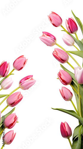 Pink stalk of tulip tulips flower flora scattered flat lay composition top view on transparent background cutout  PNG file. Mockup template for artwork. Wallpaper banner border  