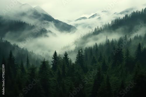 Misty morning in the mountains surrounded by pine trees.