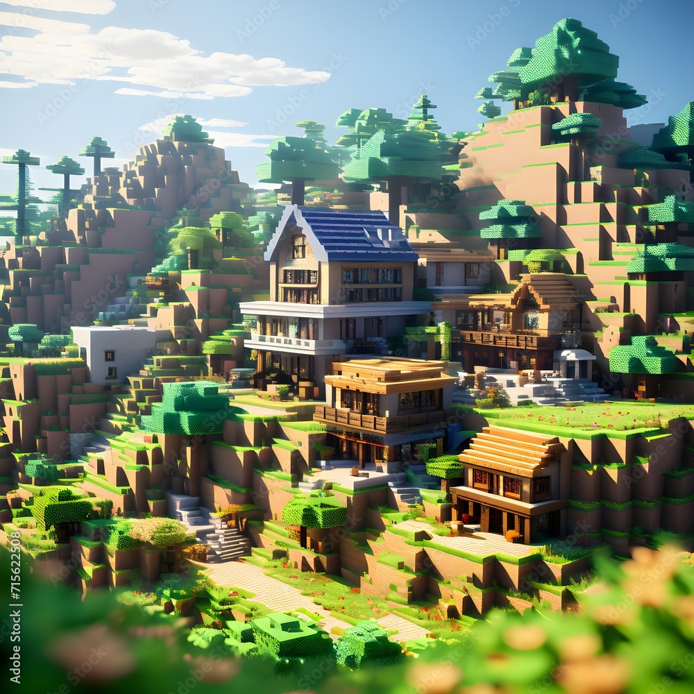 Fototapete mit Blocky cubes inspired village. Blocky texture world. Generative AI. #715622508