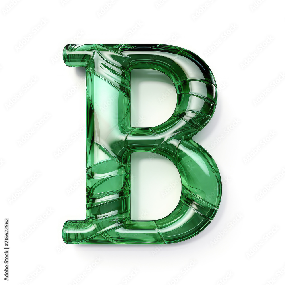 Green glass textured letter B on clear white background	