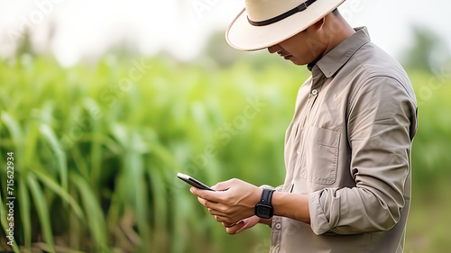 Farmer stand in field and hold smartphone , Agricultural technology , Harvest.