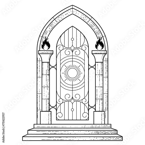 The gates of heaven with torches, portal to paradise, occult gateway of hell arch, vector