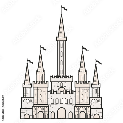 Medieval fairy-tale castle with towers in romanticism style, medieval cartoon citadel, vector
