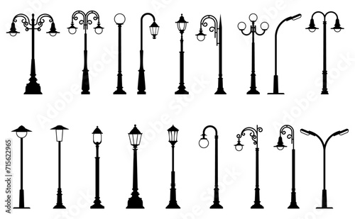 Vintage street light posts set, old street lamp posts, sidewalk lantern, vector