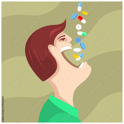 Man swallowing pills, taking the medicine, head of man with open mouth eating pills, vitamins and food additives, vector