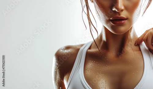 Close up of exhausted and sexy fitness woman after heavy exercise to loss weight. Fit, sweaty and young female athletic done with sports training against white background. photo