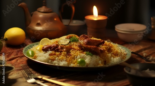 Indian chicken biryani served on a plate with rice and vegetables