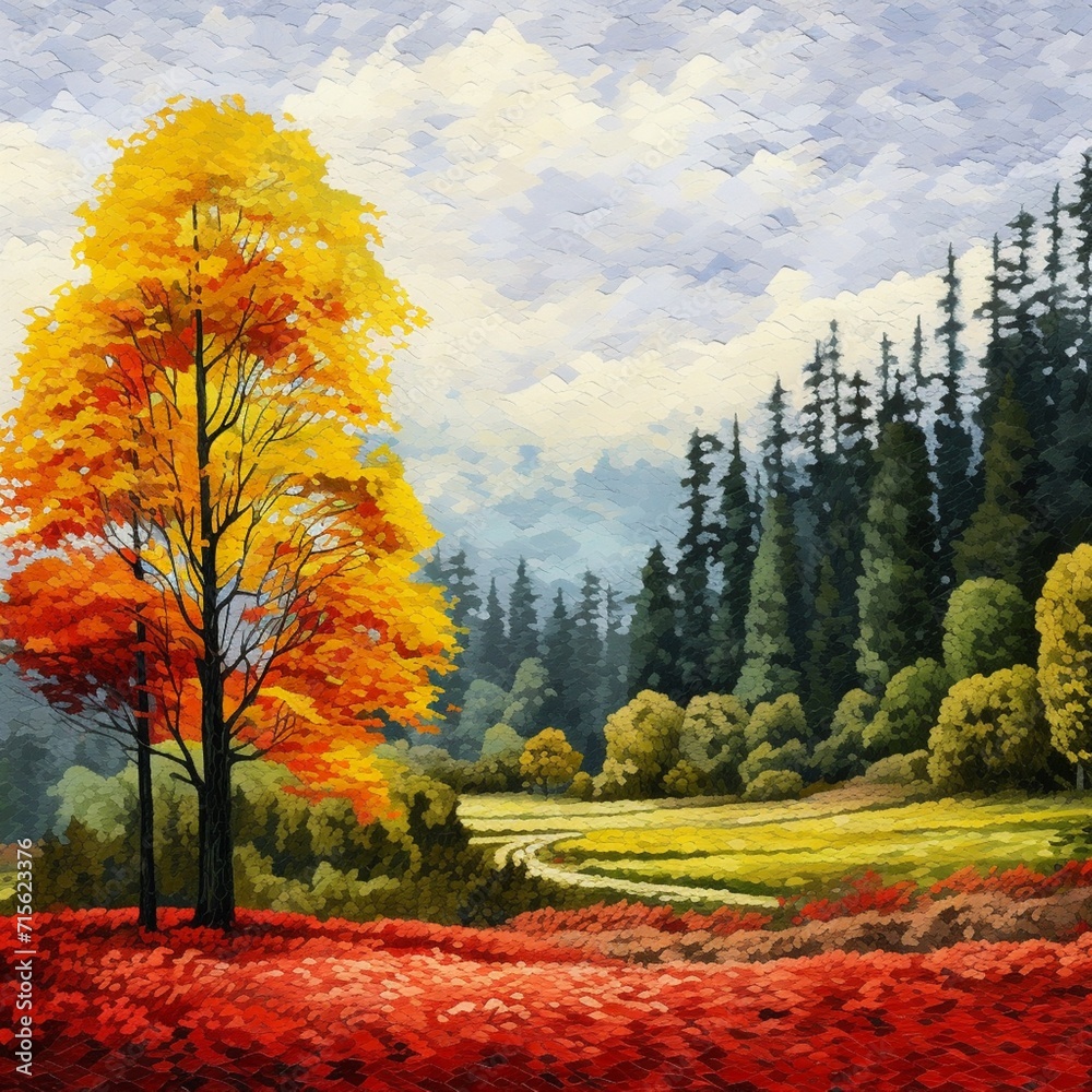 Mountain ginkgo red trees photo taken from distance Generative AI