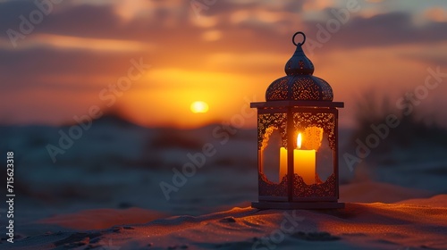 Lantern in the snow at sunset. Ramadan Kareem background