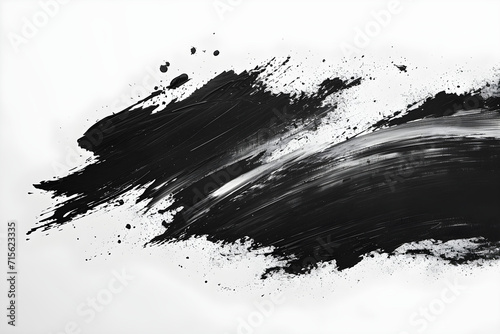 An abstract black splash paint with brush strokes and grunge on a white background, in Japanese style. Suitable for art and design projects, modern and minimalist aesthetics. photo