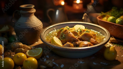 Chicken thighs with rice and lemon in a bowl on a wooden table