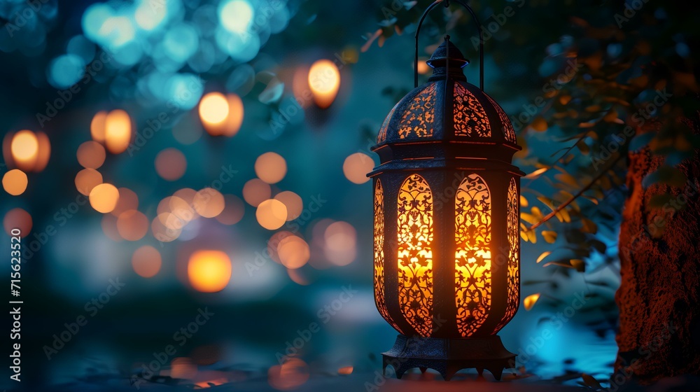 Lantern in the garden at night with a bokeh background Lantern in the garden at night with a bokeh background