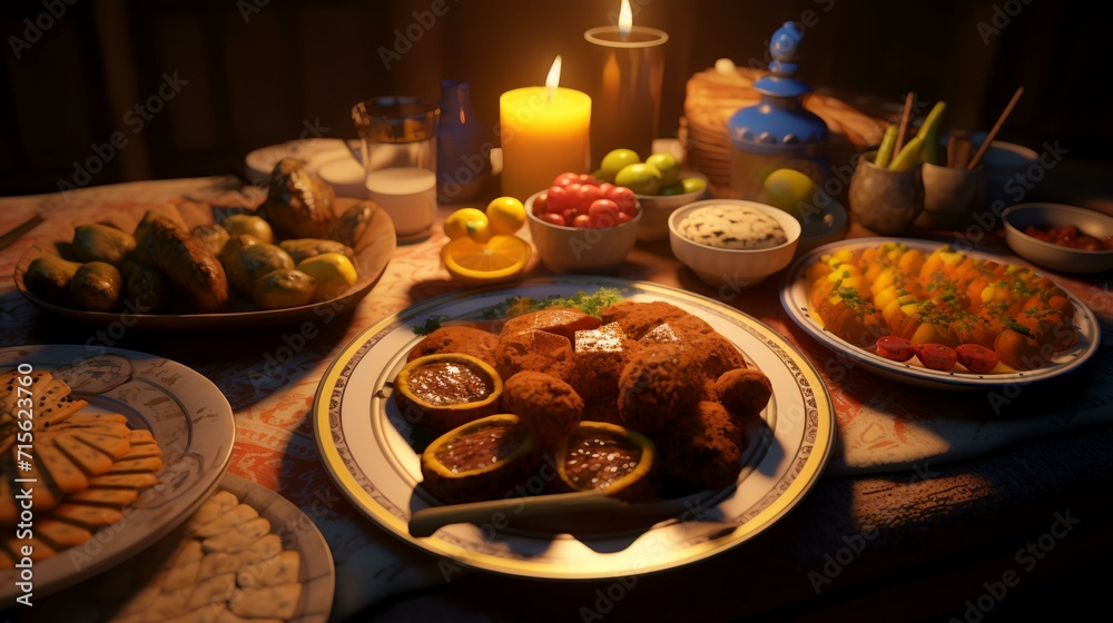 Traditional Turkish and Greek dinner appetizer table with dates, olives, meat, and vegetables. Selective focus. Traditional Turkish and Greek dinner appetizer table with dates, olives, meat, and vegetables. Selective focus.