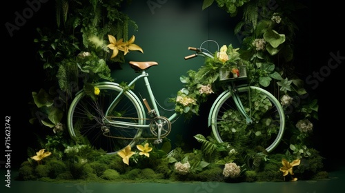 Bicycle overgrown with green plants. Neural network AI generated art