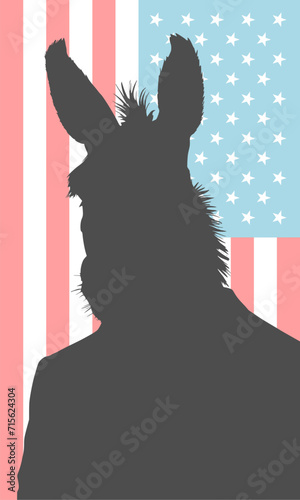 Politician is associated with a donkey. Anthropomorphized donkey wearing an suit. Represents democratic party. USA presidential election. National flag on backdrop