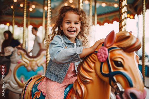 A Child girl enjoy ride carousel horse in amusement park on holiday