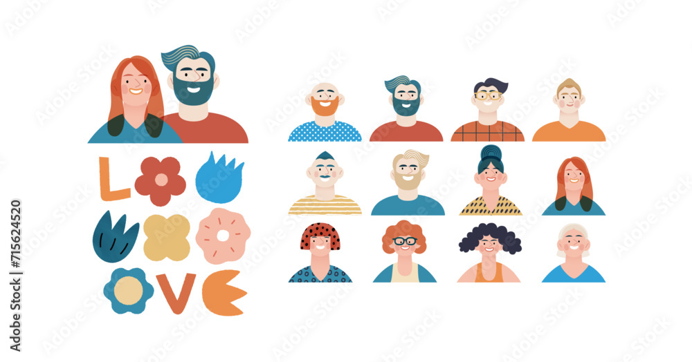 Valentine: Spectrum of Love - modern flat vector concept illustration of a vibrant array of individual portraits celebrating love's diverse expressions. Metaphor for the universal language of love Valentine: Spectrum of Love - modern flat vector concept illustration of a vibrant array of individual portraits celebrating love's diverse expressions. Metaphor for the universal language of love