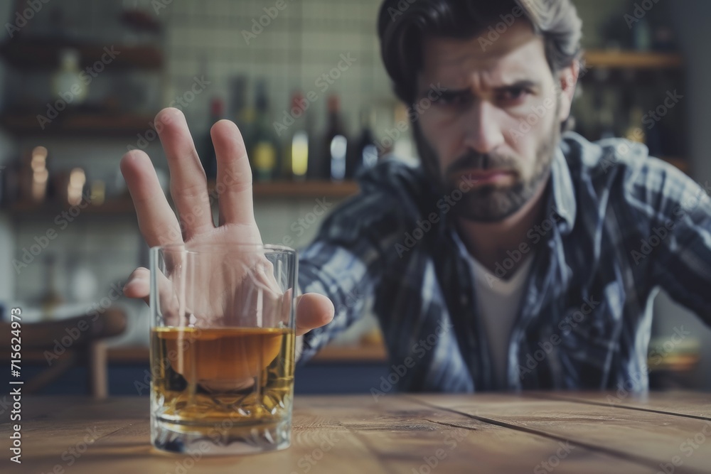 Man strongly refuses alcohol, fights addiction. Stop alcohol concept.