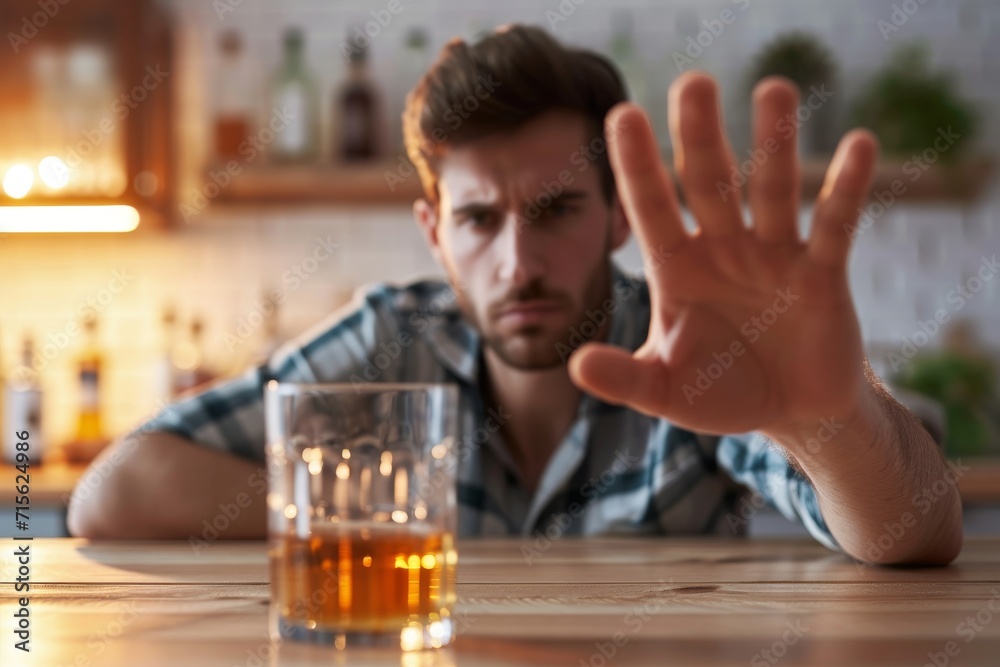 Man strongly refuses alcohol, fights addiction. Stop alcohol concept.
