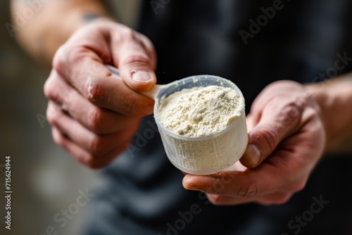 Man holding measuring spoon with sports supplements for bodybuilding. BCAA, protein, creatine or glutamine powder. photo