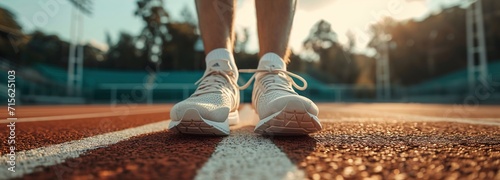 Male athlete's feet in running shoes on stadium starting line, poised for track and field event, capturing essence of sports dedication and marathon preparation, runner and health concept
 photo