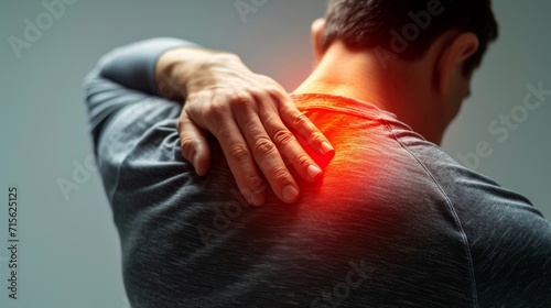 Man suffering from shoulder pain. Joint problems and arthritis. Health and medical concept. photo