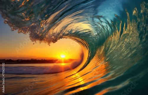 A huge sea wave at sunset