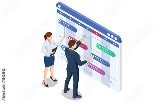 Isometric Business Project Management System. Schedule for plan tasks and progress. Strategy for construction and operations. Successful business plan tasks.