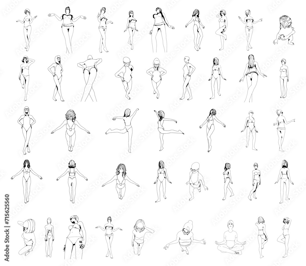 Female silhouettes set. Beautiful young girls with different poses isolated. Icons collection. Fitness and relaxation
