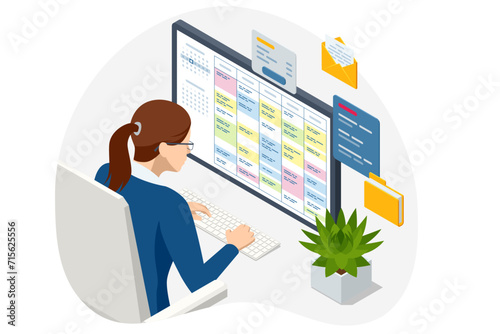 Isometric Project manager updating tasks and milestones progress planning. Digital Calendar Schedule. Schedule for plan tasks and progress. Successful business plan tasks.