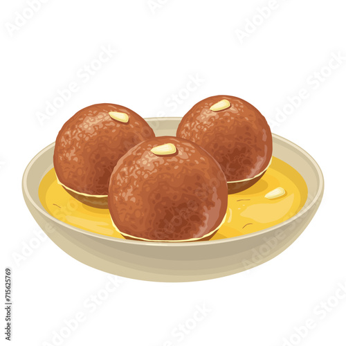 Gulab jamun. Indian traditional food. Vector color realistic illustration. Isolated on white