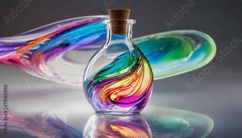 bottle of perfume.a transparent glass bottle with a dynamic and colorful liquid swirling inside. Use realistic lighting and reflections to enhance the overall visual appeal of the high-resolution imag