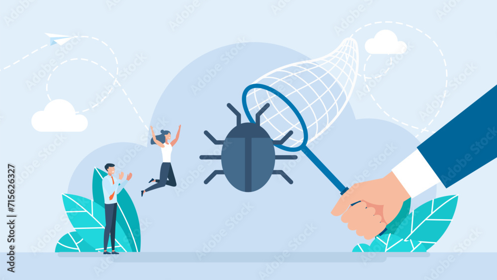 A team of programmers catches a bug in a butterfly net. IT software application testing, quality assurance, QA team and bug fixing concept. Flat design. People catching bugs. Vector illustration - obrazy, fototapety, plakaty 