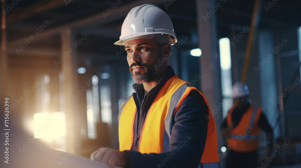 Architect man working with colleagues of mixed race in the construction site. Architecture engineering at the workplace. engineer architect wearing safety helmet meeting at construction site. worker.