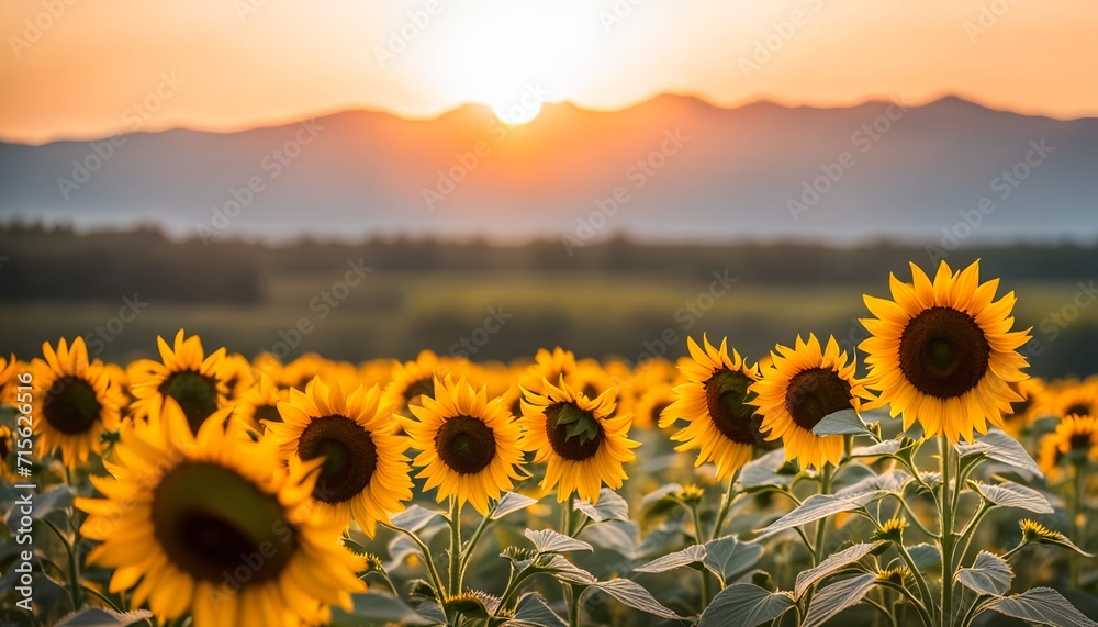 Sunflowers at a vibrant beautiful sunset. Sunflower field - beauty of nature