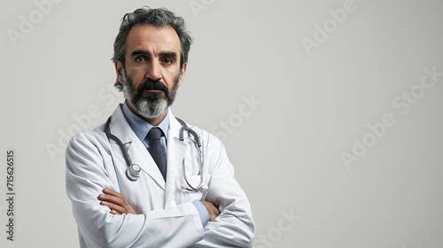 Old male doctor with beard is standing against white background with arms crossed © standret