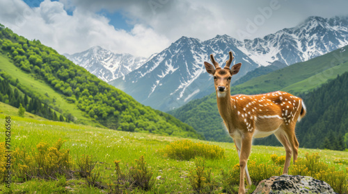 Beautiful deer in the mountains on the meadow