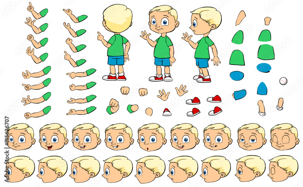 Set of elements for creating a boy character animation. boy with different emotions, gestures and poses, All sides, Arms, legs and other body parts construction. Cartoon vector collection Set of elements for creating a boy character animation. boy with different emotions, gestures and poses, All sides, Arms, legs and other body parts construction. Cartoon vector collection