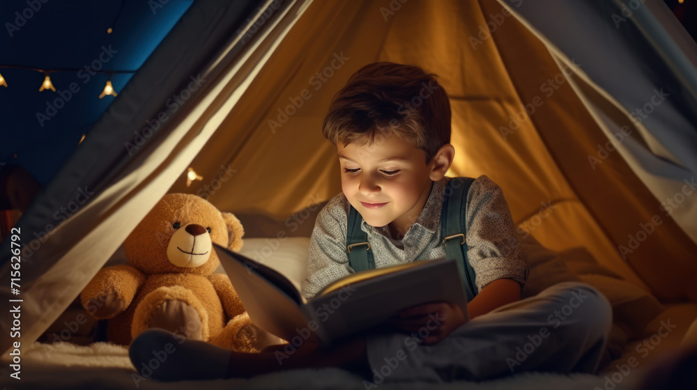 A boy is sitting in a tepee tent at night with a light, books. A boy is sitting in a tepee tent at night with a light, books.