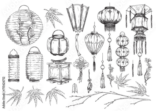 Set of Japanese culture elements: lanterns, maple leaves, sakura flowers, tassel and hanging decoration elements.