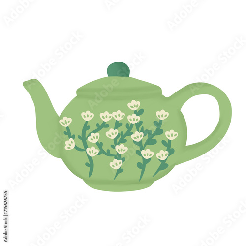 Vintage Green Teapot with Floral Design – Cozy Tea Illustration
