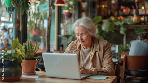 Senior woman engaged in remote work on her laptop. Home office . Active seniors in the digital age