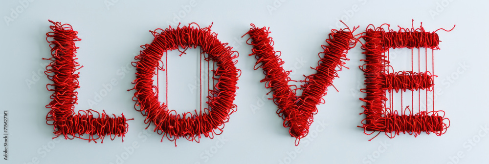 The word Love is embroidered with red threads on a white background
