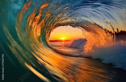 A huge sea wave at sunset