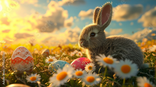 Easter landscape  bunny with colorful eggs and daisy flower on meadow